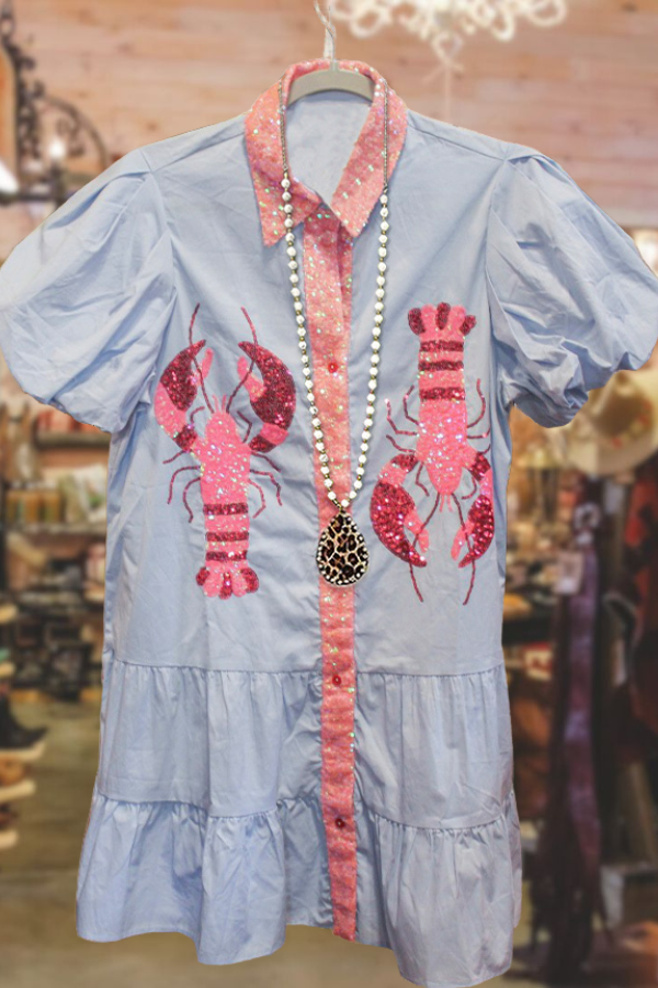 Baby Blue Sequins • Puff Sleeve • Crawfish Dress