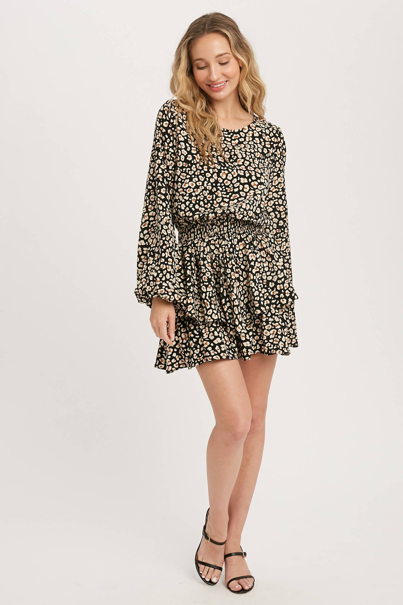 BALLOON SLEEVES LEOPARD PRINT ROMPER: BLACK / Large